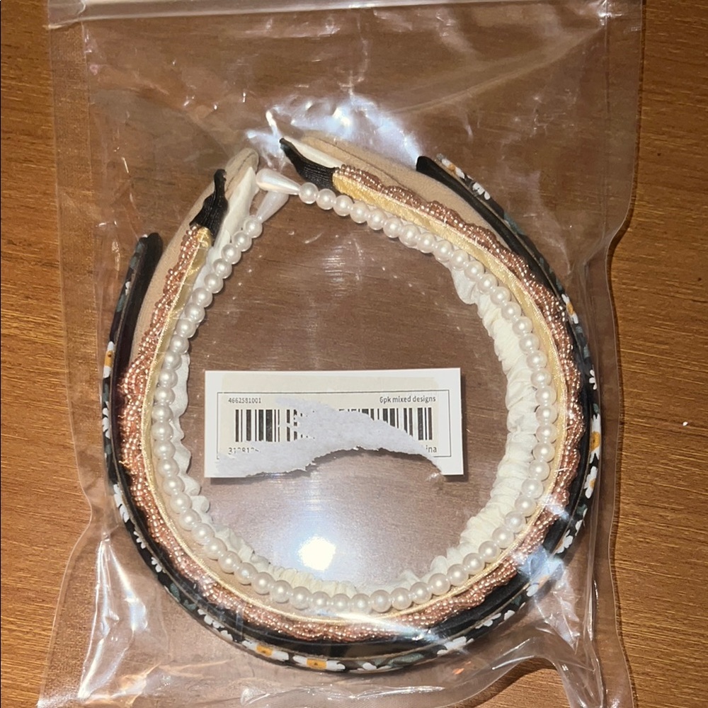 Gold Bead Pearl Flower Print Satin Assorted Headbands 6 Pack - Picture 1 of 2